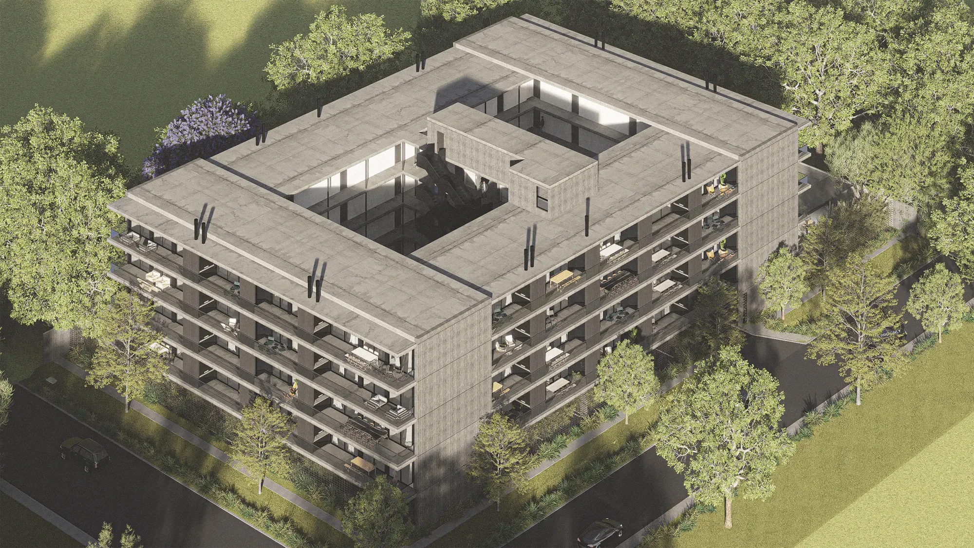 Render aéreo de Novus Benavídez: el edificio ocupa el lote alrededor de un patio central verde.