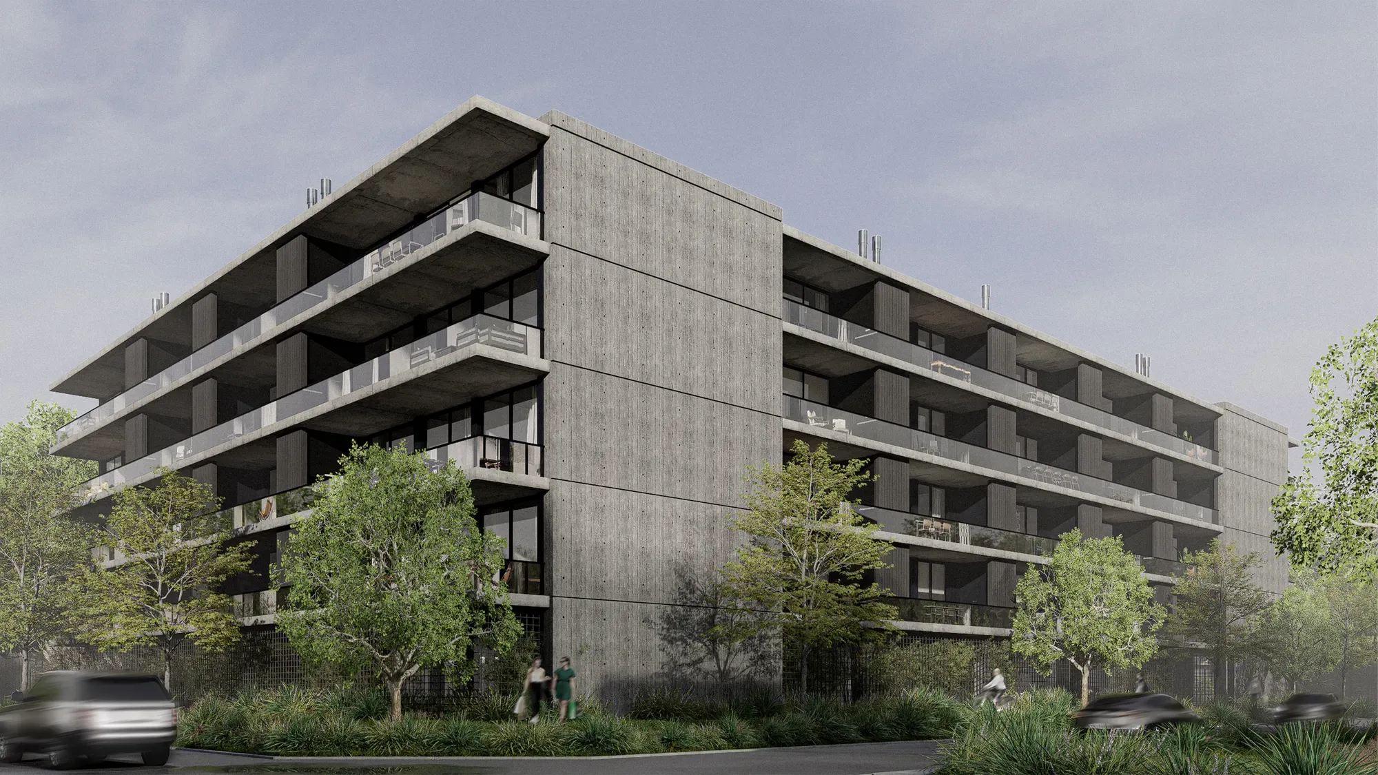 Render de la esquina: volumen de cinco niveles con balcones corridos.