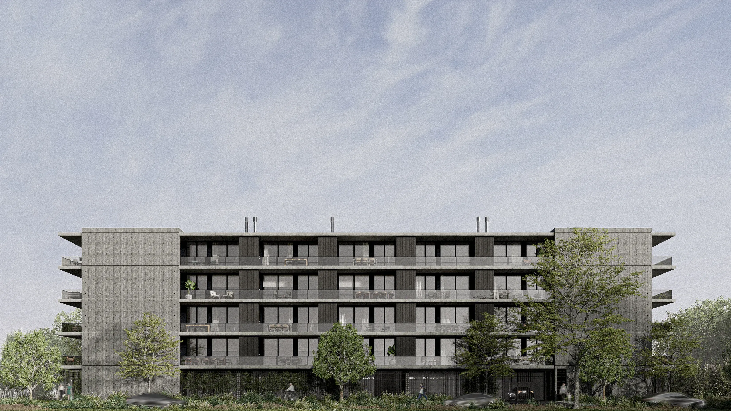 Render de la fachada frontal completa.