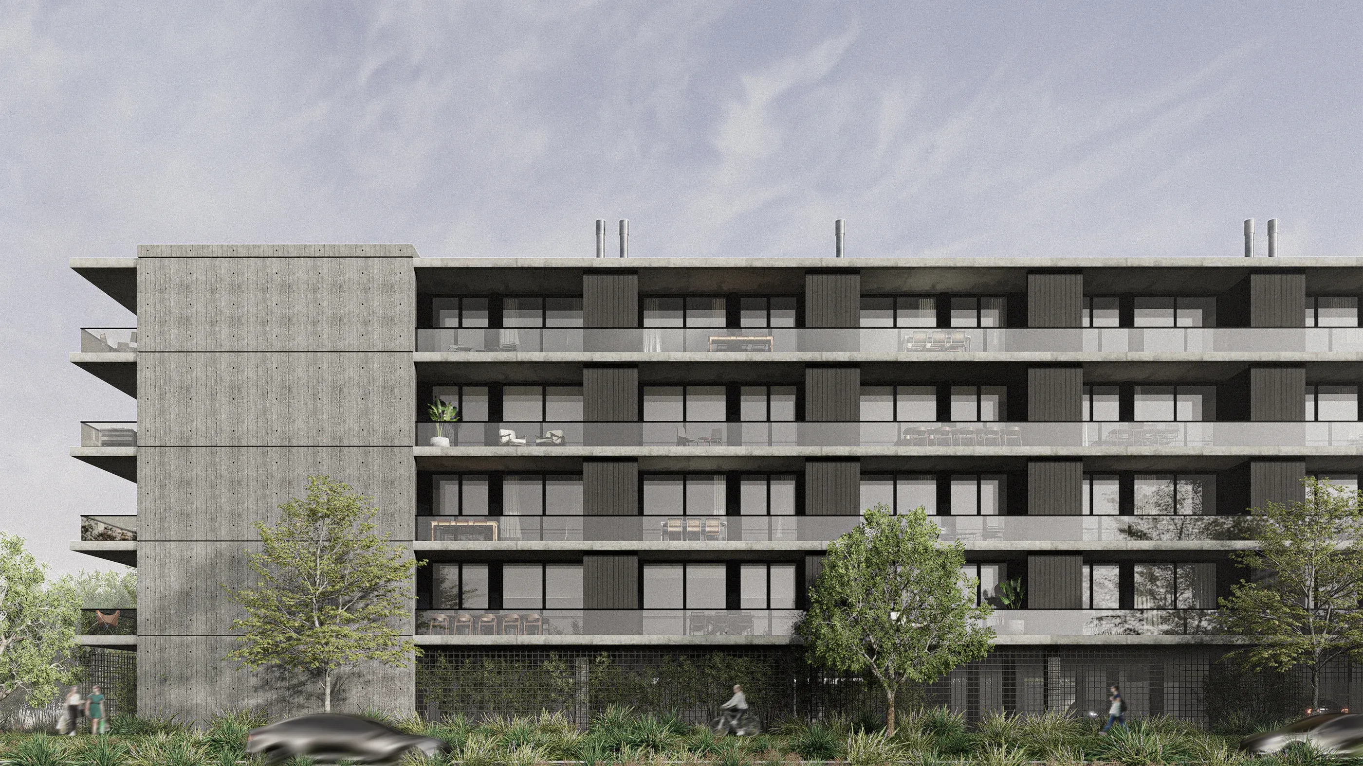 Render de Novus, Benavídez: fachada con un plano de hormigón visto y balcones corridos entre la arboleda.