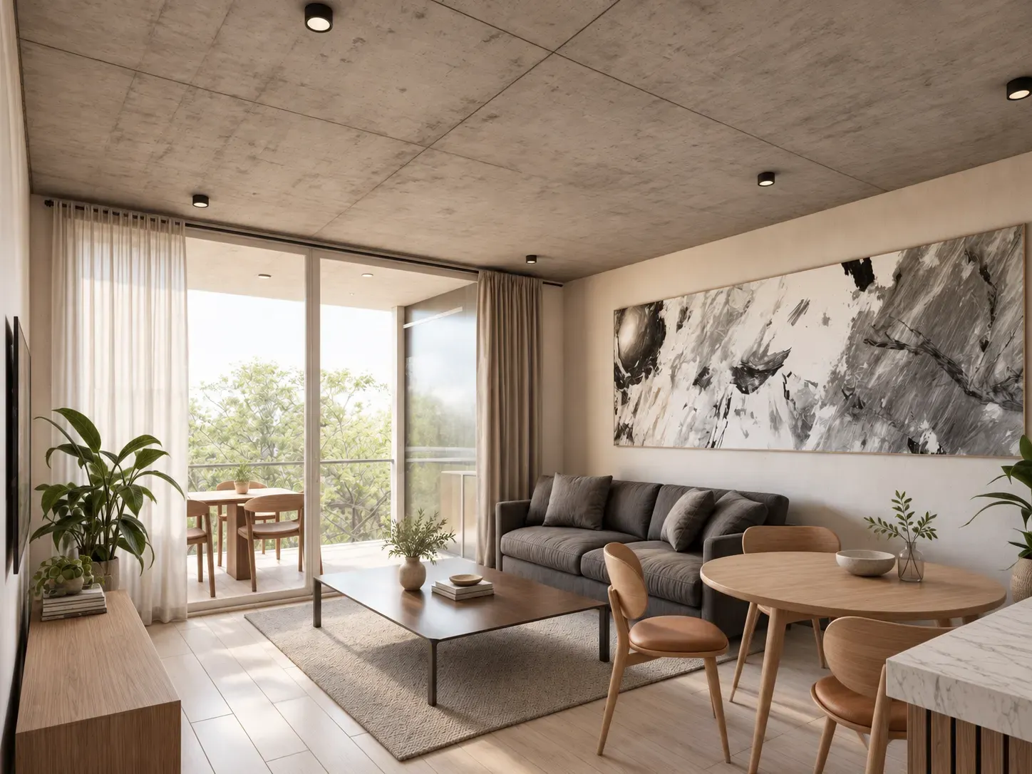 Render de living y balcón.