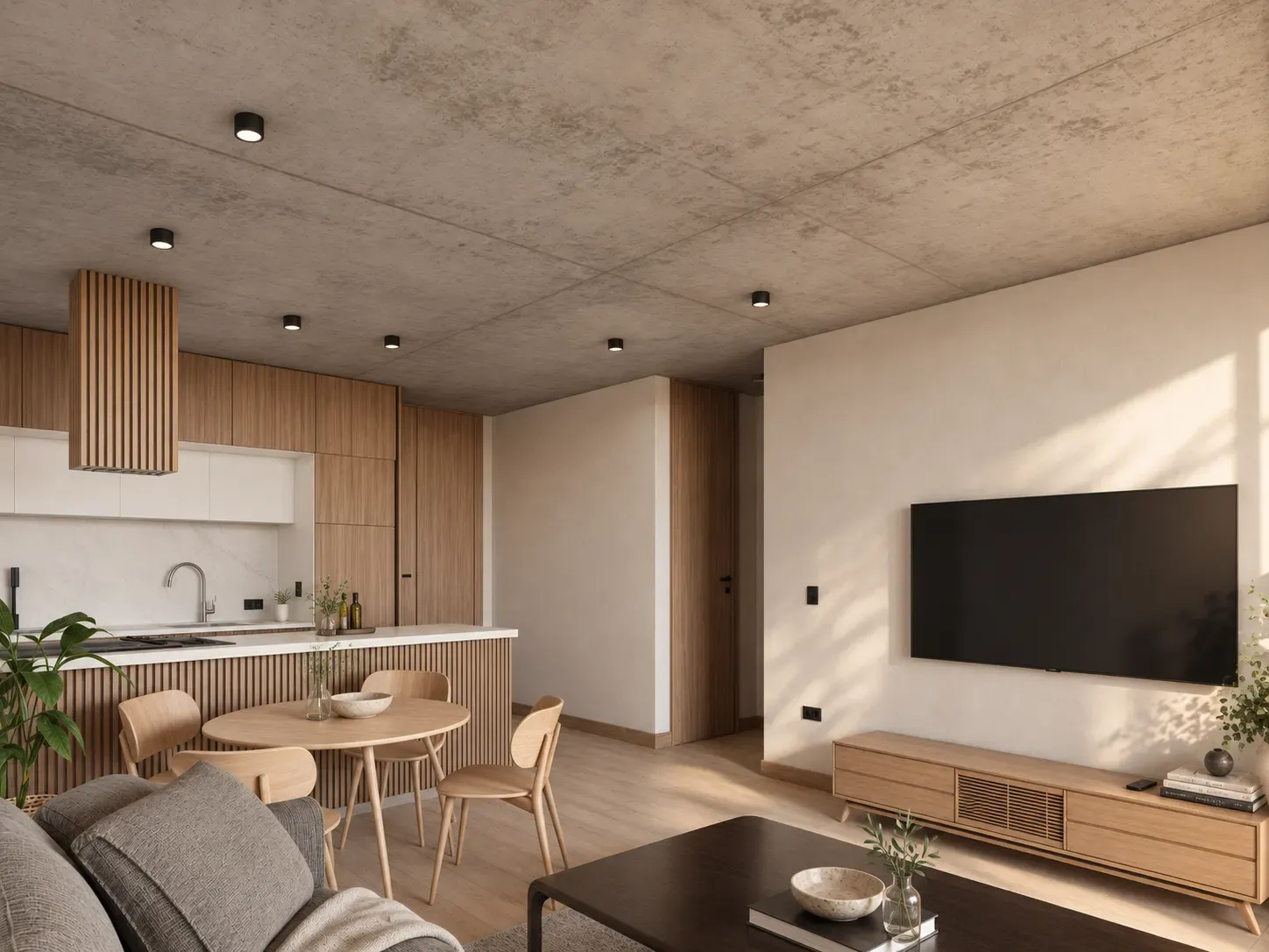 Render del living de una unidad de La Bota 1900: luz natural, madera y hormigón.