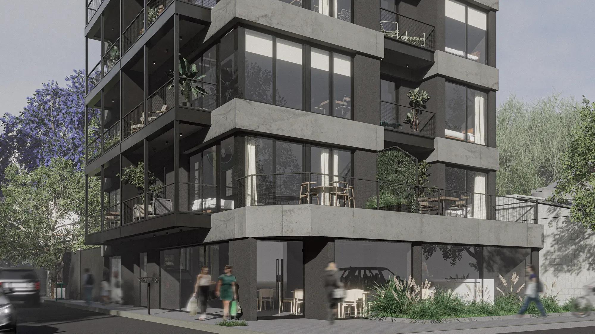 Render de Nodo 9 desde la esquina, con el local comercial en planta baja.