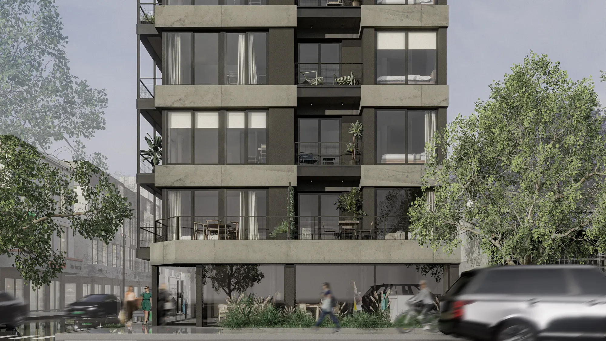 Render del frente con el local comercial en planta baja.
