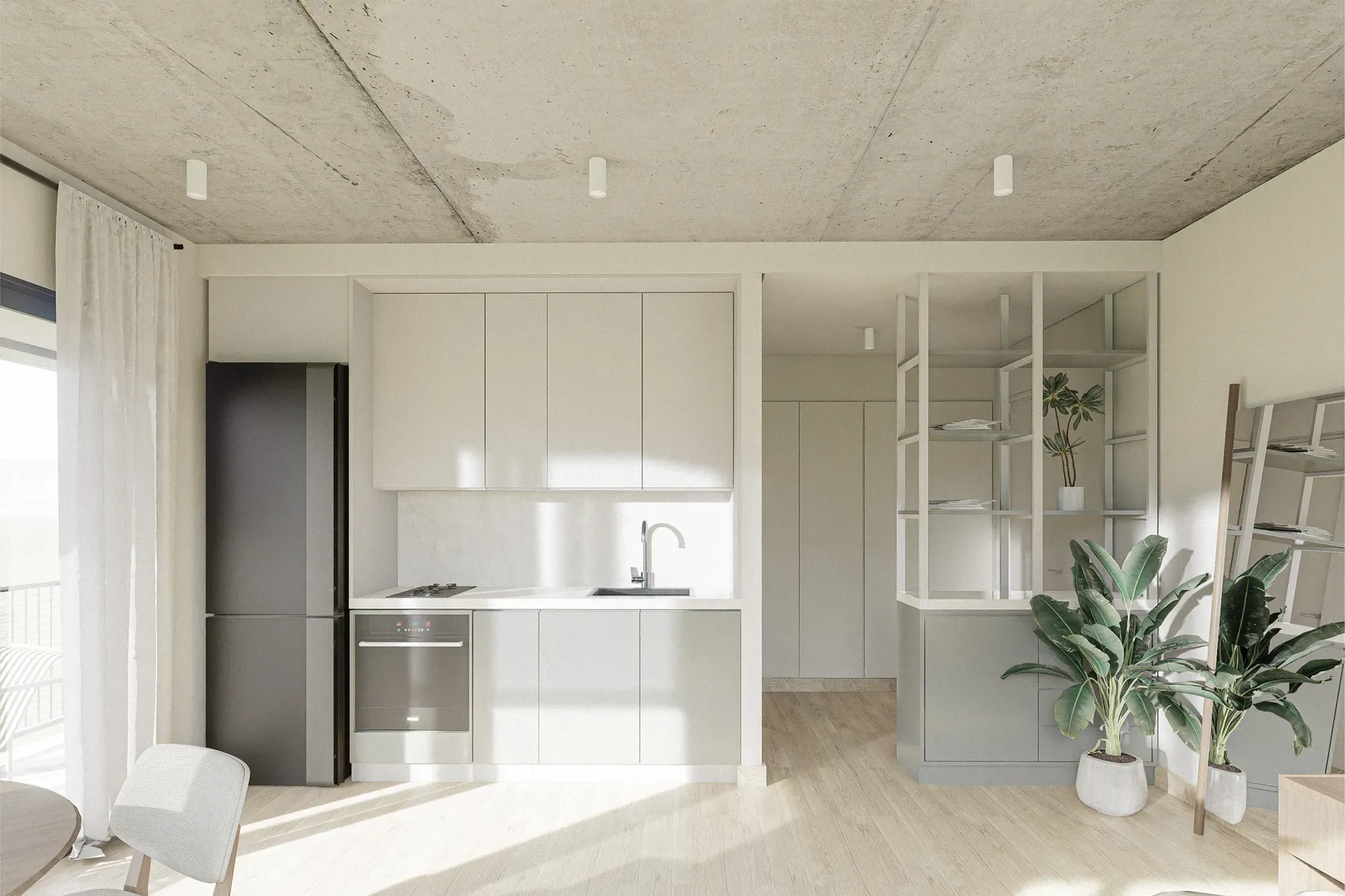 Render de un monoambiente con cocina integrada.