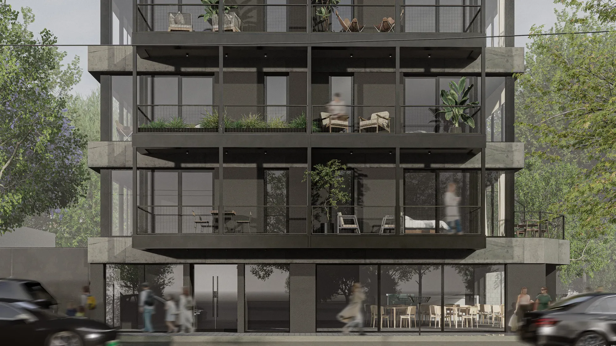 Render de la fachada y los balcones.