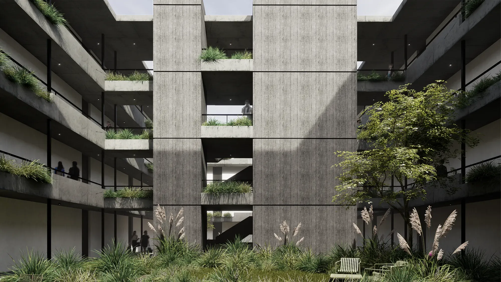 Render del patio central y el núcleo de hormigón.