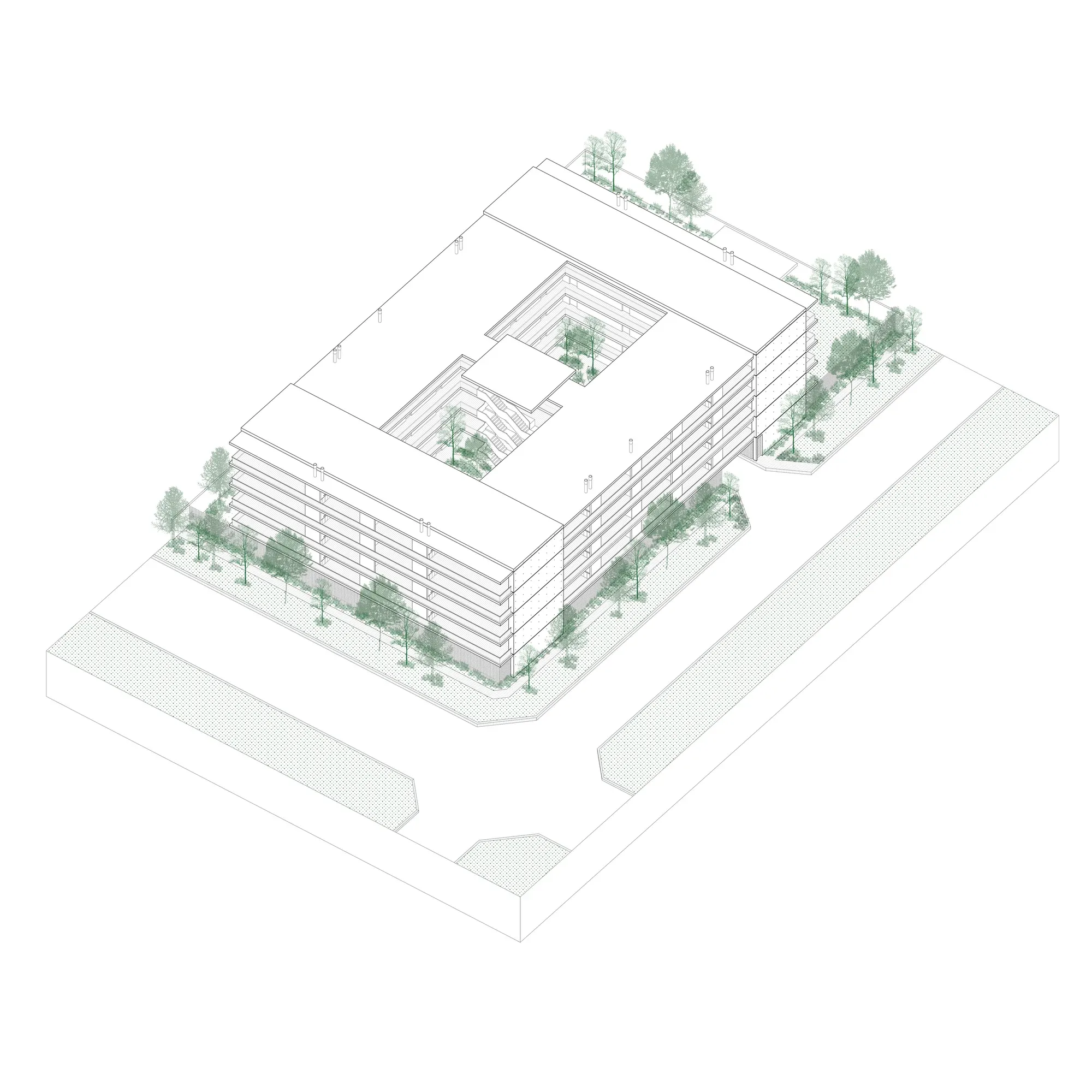 Axonometría del edificio con el patio central.
