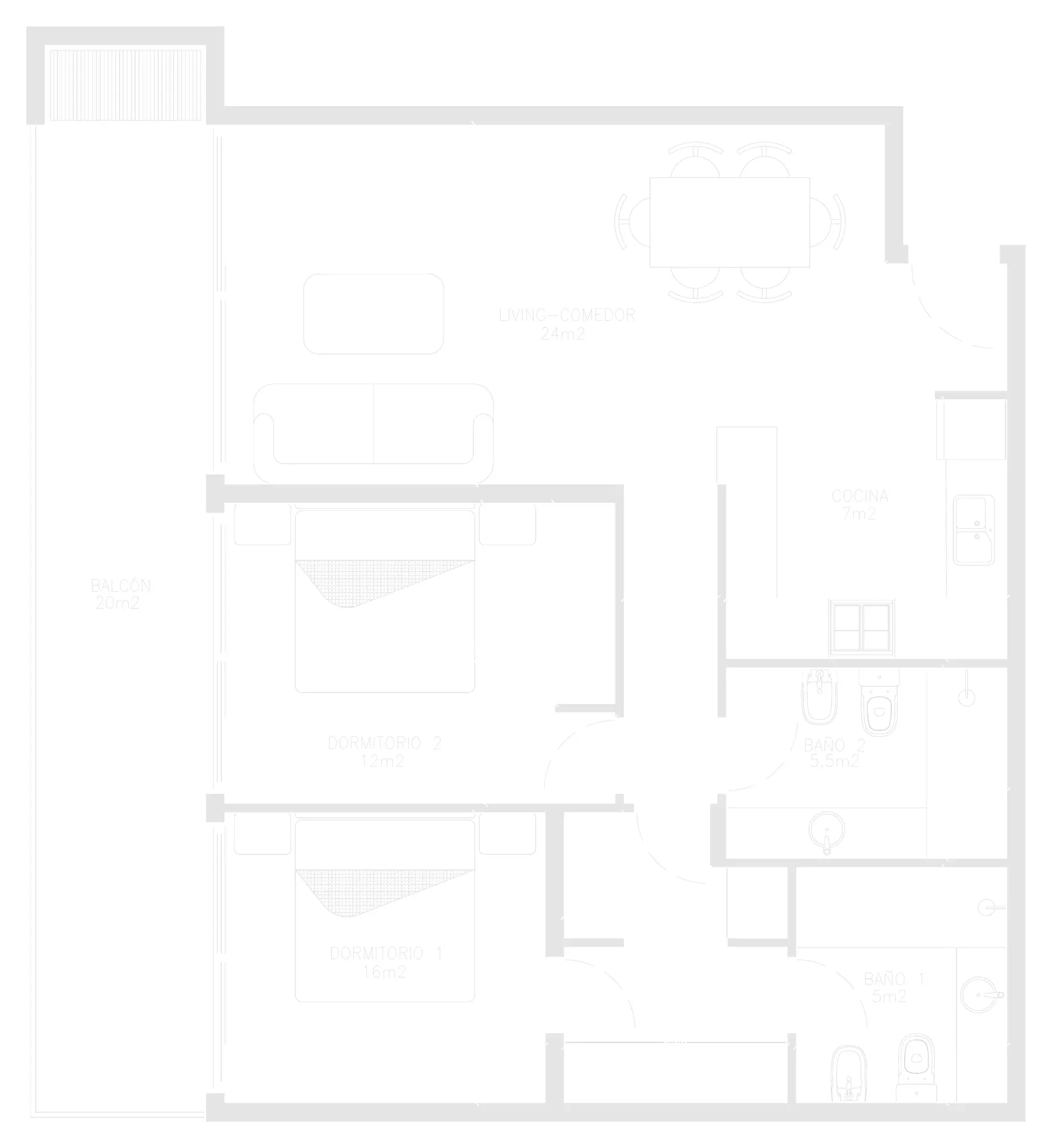 Plano de la tipología de dos ambientes.