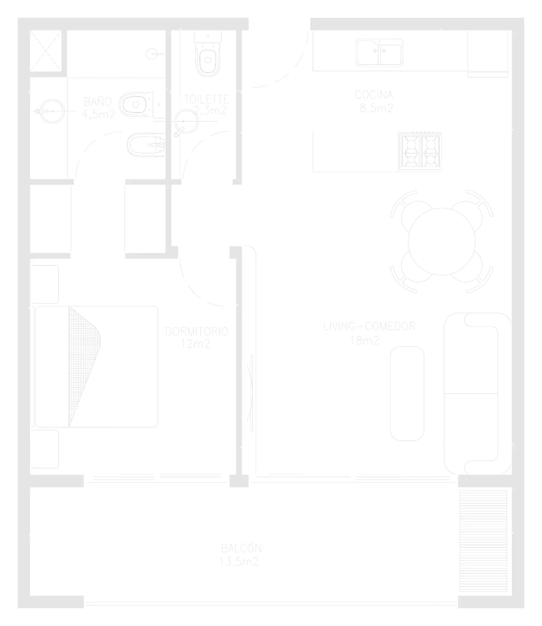 Plano de la tipología de tres ambientes.